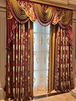 Gorden Mewah Gaya Eropa Baru Warna Merah Kaya, Dapat Disesuaikan, Ruang Tamu Premium, Siap Pakai, Motif Bunga Chenille, Penahan Cahaya