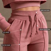 Ensemble Lounge Rose Personnalisé pour Femme : Crop Top Manches Longues et Pantalon Jogger Taille Haute en Coton Côtelé avec Cordon de Serrage – Idéal Streetwear et Sportif