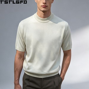 Custom Old Money Mock Neck Knit <b>T</b>-<b>Shirt</b> Men <b>Cream</b> Short Sleeve Slim Fit Ribbed Wholesale Bulk - Product Image 1
