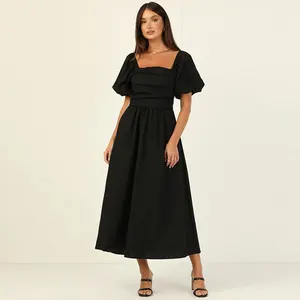 2022 hot selling square neck puff sleeve solid black cotton a line maxi dress