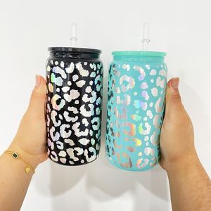 16Oz <b>Vinyl</b> <b>Wrap</b> Decal Can Cheetah Print Beer Glass High Borosilicate Leopard Coffee Mug Cup With Plastic Lid - Product Image 3