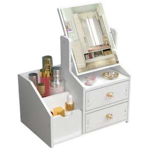 Boîte de rangement cosmétique multifonctionnelle de luxe, blanche, rectangulaire, anti-poussière, style nordique, avec oreilles de chat et miroir - Product Image 1