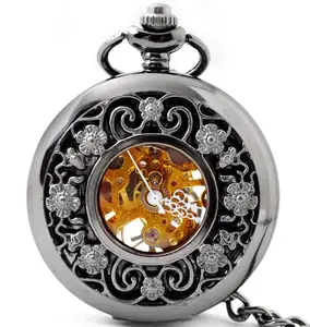 Silver Open Face Mechanical Hand Winding Skeleton Mens Watch Clock Pocket Watch