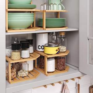 3 אריזה מדף פינה במבוק, 2 מארגן צלחת שכבה עבור ארון ומנגד, צלחת במזווה עץ מתלה תבלינים למטבח - Product Image 6