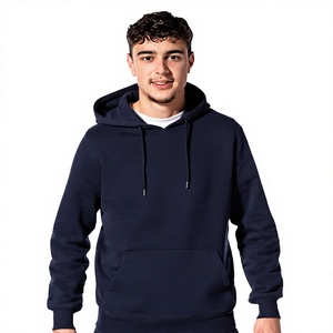 Best Quality <b>Men's</b> Navy Blue Hooded Fleece Sweatshirt Regular Fit Solid Color Casual <b>Pullover</b> with Front Pocket Autumn Wear - Product Image 2