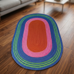 Tapis ovale tressé rayé moderne en jute, tapis de sol réversible pour salon, bleu, vert, rose, orange - Product Image 1