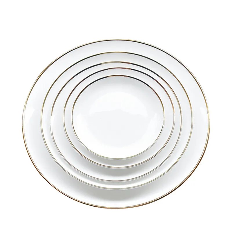 Atacado Personalizar Bone China Fornecedor Gold Rim Charger Plates Glazed Round White Plate para Wedding Hotel Tableware