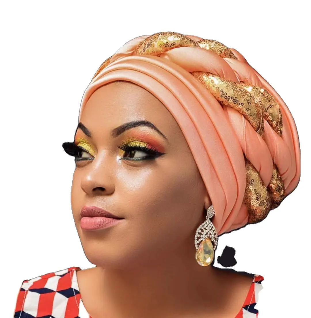 GEERDENG Hot Sales Afrikanische nigerian ische Frau Beliebte Golden Head Wrap Perlen Hut Muslimische Frauen Satin Silk Twist Braid Hair Turban