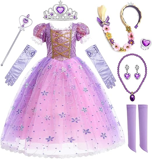 Girls Rapunzel Costumes With Braided Wig Crown Fairy Wand Necklace Sets Fancy Dress Halloween Christmas Carnival Cosplay Costume