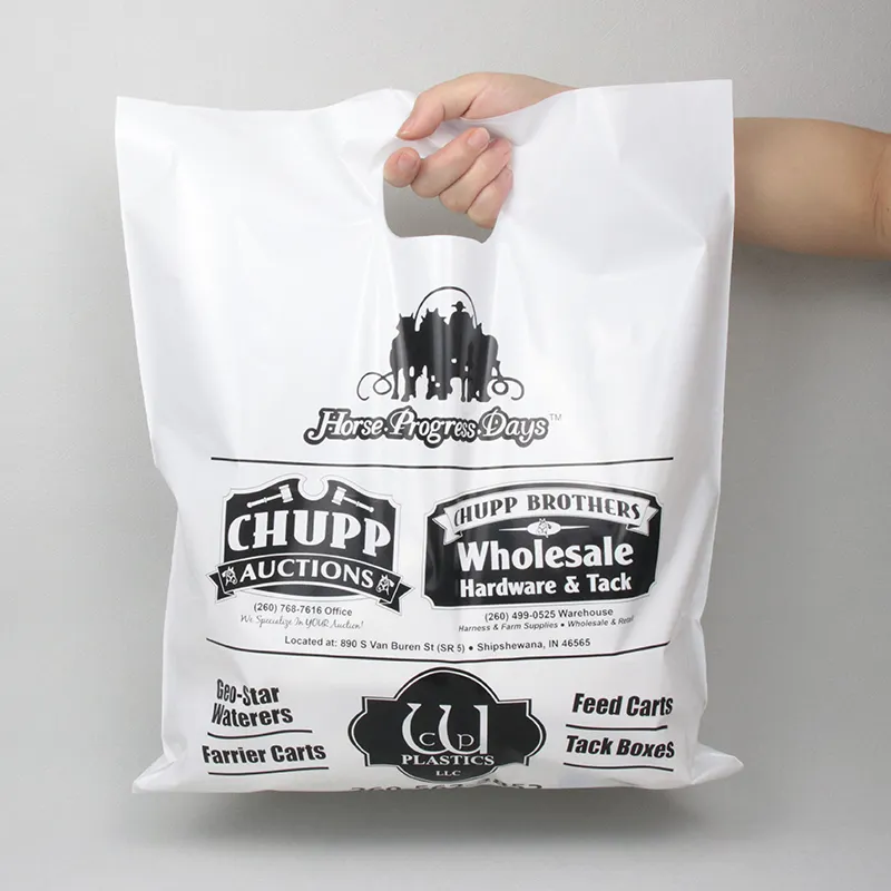 Kustom dicetak plastik tas belanja pakaian kemasan Die Cut tas kemasan plastik pegangan die cut dengan Logo sendiri