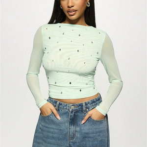 New <b>Women's</b> Fashion Semi-Sheer <b>Mesh</b> Long Sleeve T-Shirt - Floral Print Slim Fit Casual <b>Top</b> Fashion - Product Image 3