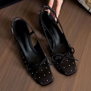 Black Satin Bow Back Strap Pointed Toe Sandals Women Thick <b>Block</b> Heel Elegant Party High Heels - Product Image 2
