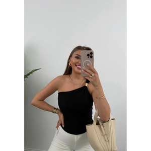 Blusa minimalista de punto con un solo hombro para mujer, ajuste elástico, uso diario - Product Image 3