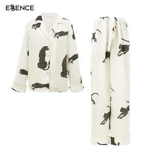 Pijama de manga larga para mujer, ropa de dormir de viscosa de bambú, estampado personalizado, con botones, ropa de dormir para mujer