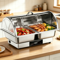 Chauffe-Plats Électrique de Luxe en Acier Inoxydable de 9L avec Couvercle Roulant pour Buffet Libre-Service, Idéal pour Hôtels
