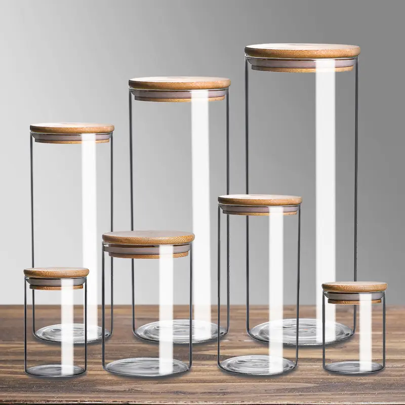 Tarros de vidrio herméticos de alta borosilicato para cocina, juego de tapas de bambú, 500ml, 14oz