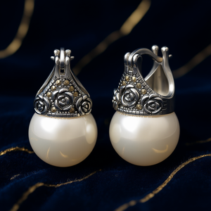 Orecchini a perno in argento antico E3753 con perle finte e montatura rotonda, gioielli vintage da donna per l'uso quotidiano - Product Image 2