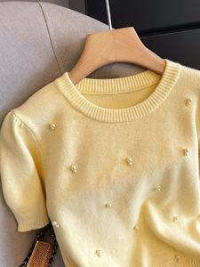 Pull en maille perlée pour femme 2026, manches courtes, épaules bouffantes, jaune beurre, col rond, en mélange de trois fibres, chic et décontracté - Product Image 6