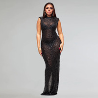 Robe longue moulante sexy pour femme avec strass, sans manches, col montant, ajustée aux hanches, en maille transparente, noir et or, vente en gros, personnalisable OEM