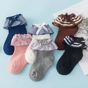 女孩条纹海军风格领结无缝手工缝制婴儿儿童皱褶儿童袜子