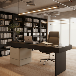 <span class=keywords><strong>Bureau</strong></span> d'ordinateur moderne en bois massif avec placage couleur fumée et armoire de rangement mobile - Product Image 1