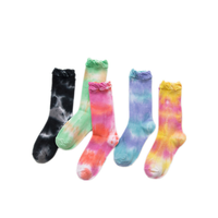 Chaussettes pour femmes à volants, style dégradé tie-dye, personnalisables OEM, style streetwear Harajuku, chaussettes en coton décontractées, logo personnalisé