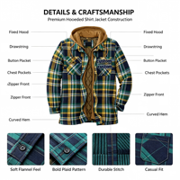 Vente en gros de chemises-vestes en flanelle pour hommes, classiques, d'hiver, à manches longues, boutonnées, chaudes, avec doublure épaisse matelassée, à carreaux et à capuche