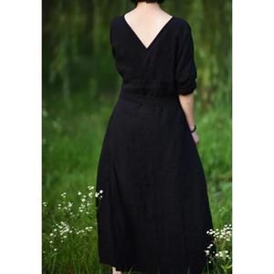 Noir couleur unie dames été bouton ample décontracté sans manches vêtements col carré croix Midi noir lin coton femmes robe - Product Image 3