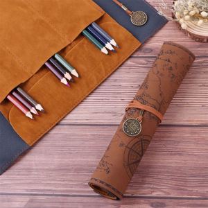 Creative Retro Canvas Leather Rolling Pencil Bag Minimalist Treasure <b>Map</b> Design Large Capacity Office Gifts Promotional Business - Product Image 4