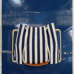 Striped Canvas Beach Tote <b>Bag</b> <b>Large</b> <b>Drawstring</b> Closure Shopping <b>Bag</b> Blue White Pattern - Product Image 3