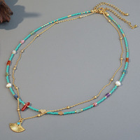 Collier en pierre naturelle plaqué or 18 carats, pendentif éventail rétro chinois en corail et perles d'eau douce, collier statement à superposition