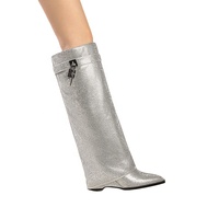 Bottes de luxe en cristal pliables argentées à bout pointu et talon compensé recouvert, hauteur genou, pour femmes