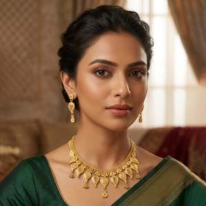 Collar de borlas de oro macizo de alta calidad para mujer, joyería de boda, conjunto de sari verde con engaste de canal, de la India - Product Image 1