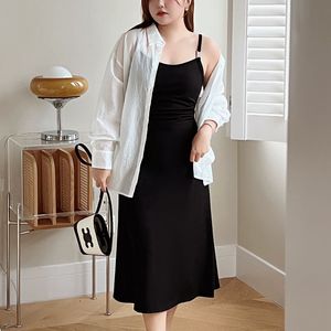 เดรสสายเดี่ยวสีดำรัดรูปทรงพลีทเอวสูง รุ่น Runqi N8703 Plus Size สำหรับผู้หญิง สีพื้น เอวธรรมชาติ - Product Image 4