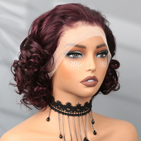 Perruque Courte 13x4 99j Bourgogne Rose Bouclée Pixie Bob Lace Front en Cheveux Humains Brésiliens Remy pour Femmes Noires