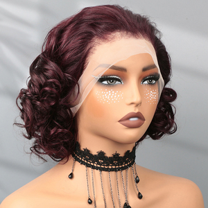 <span class=keywords><strong>Parrucca</strong></span> Bob Pixie Cut Ricci Corti 13x4 99j Bordeaux Rosa con Pizzo Frontale, Capelli Umani Brasiliani Remy per Donne Nere - Product Image 3