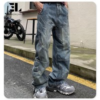 LARSUR kustom pabrik 3D bordir quilt patch biker kargo jeans distress wash lurus timbul padded moto biker denim celana