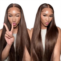 Perruque Lace Frontale HD en Cheveux Humains Châtain Chocolat Ombré Rougeâtre Lisse, Cheveux Humains Vietnamiens Bruts, Sans Colle