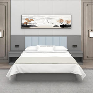 Custom Low Cost 3 Star Hotel Bedroom Furniture Sets with Platform Bed Frame Padded <b>Headboard</b> <b>Panel</b> and Integrated Nightstands - Product Image 4