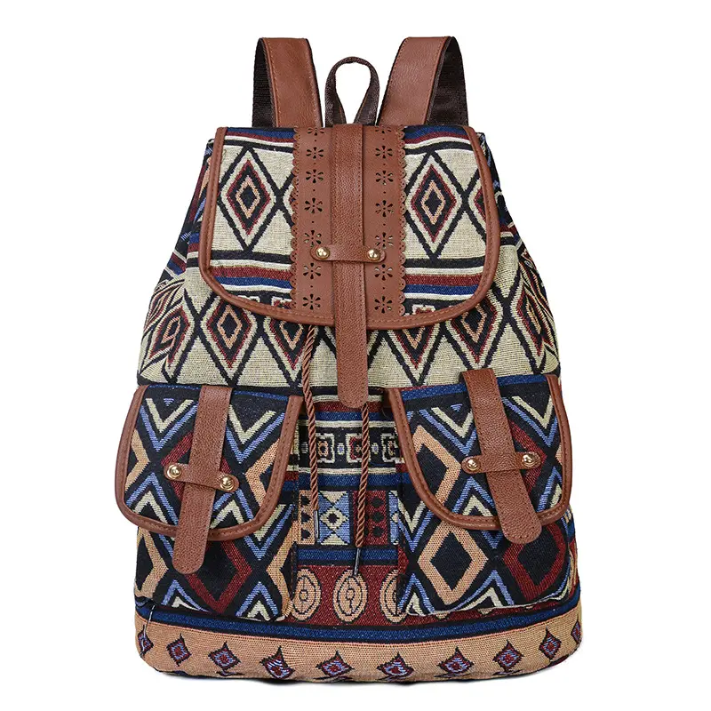 Yeni etnik tarzı Retro desen sırt çantası tuval kadın çantası moda ve kişiselleştirilmiş seyahat İpli küçük sırt çantası