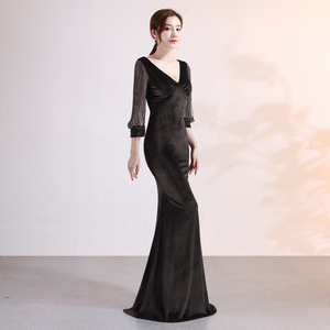 Vestido de Noche de <span class=keywords><strong>Terciopelo</strong></span> Dorado con Cadena de Cristales, Manga Larga, Cola de Pez, Sexy, para Mujer, Invierno - Product Image 3