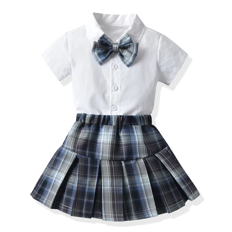 Japon tarzı iki parçalı çocuk ekose etek seti çocuk 2021 butik kız kıyafetleri