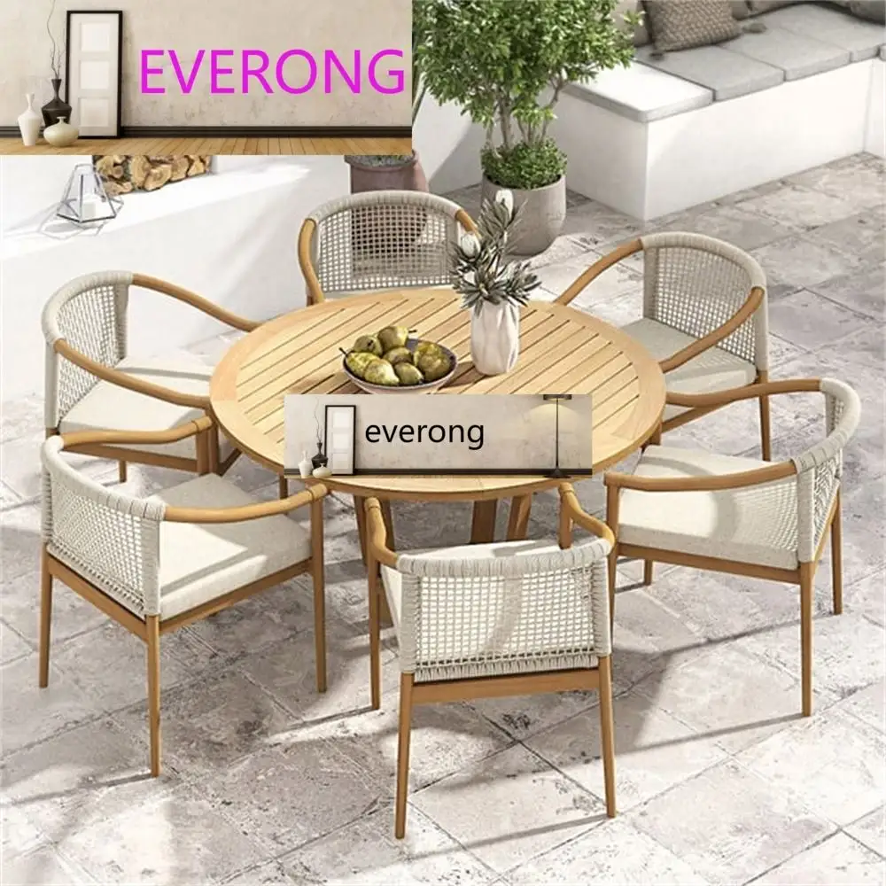 Luxury Round Outdoor Set Dining Table 6 Seater Teak Outdoor Furniture With Rope And Cushion