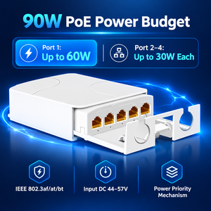 ตัวขยายสัญญาณ PoE <span class=keywords><strong>5</strong></span> พอร์ต 90 วัตต์, ตัวขยายสัญญาณ PoE แบบ 1 เข้า 4 ออก ความเร็ว Gigabit 1000Mbps, กันน้ำระดับ IP65 สำหรับใช้งานกลางแจ้ง, ตัวขยายสัญญาณ PoE Repeater - Product Image 1