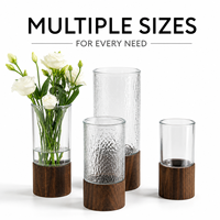 Vase cylindrique en verre borosilicate avec base en bois, vase à fleurs moderne pour la décoration de la maison, centre de table de mariage, logo personnalisé OEM