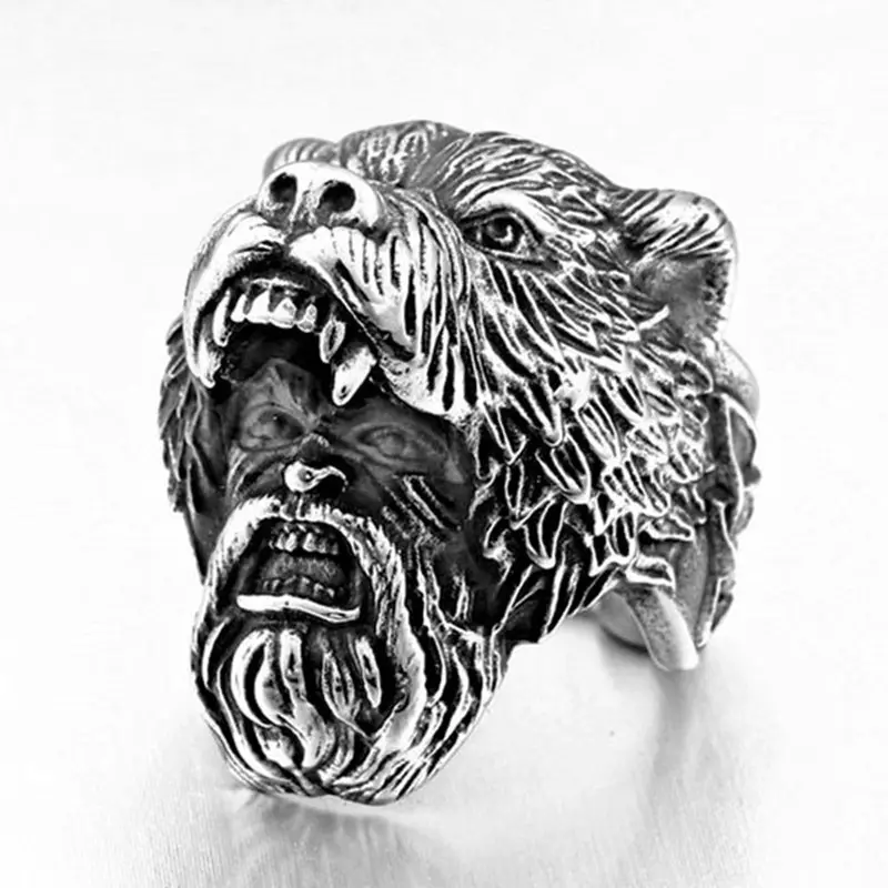 VRIUA Wholesale Norse Viking Bear Man Ring Stainless Steel Jewelry Vintage Animal Skull Celtic Knot Biker Mens Ring