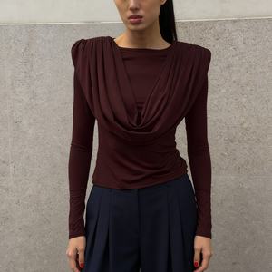 Women's Draped Cowl Neck Long Sleeve <b>Top</b> - Ruched Shoulder Slim Fit Blouse Shirt <b>Top</b> Fashion - Product Image 6