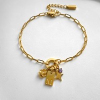 Pulsera de Cadena de Acero Inoxidable Chapada en Oro de 14K para Mujer, con Colgante de Letra M, Flor y Estrella, Joyería Emanco