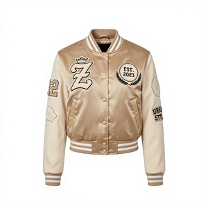 Veste de sport pour femme, coupe courte, 320 GSM, corps en molleton de coton premium, manches en simili cuir 250 GSM, beige crème, broderie de logo personnalisée - Product Image 1