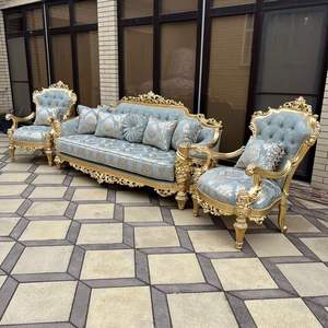 Ensemble de canapés cinq places en teck antique doré, artisanal, en bois massif, mobilier de luxe pour salon, chambre et salle de séjour - Product Image 3